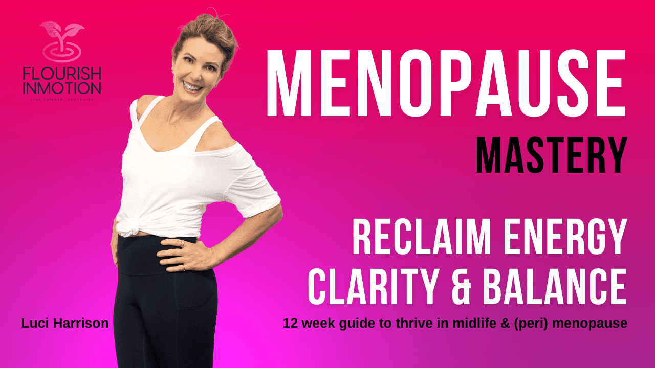 Woman smiling with text promoting a menopause mastery program for energy, clarity, and balance.